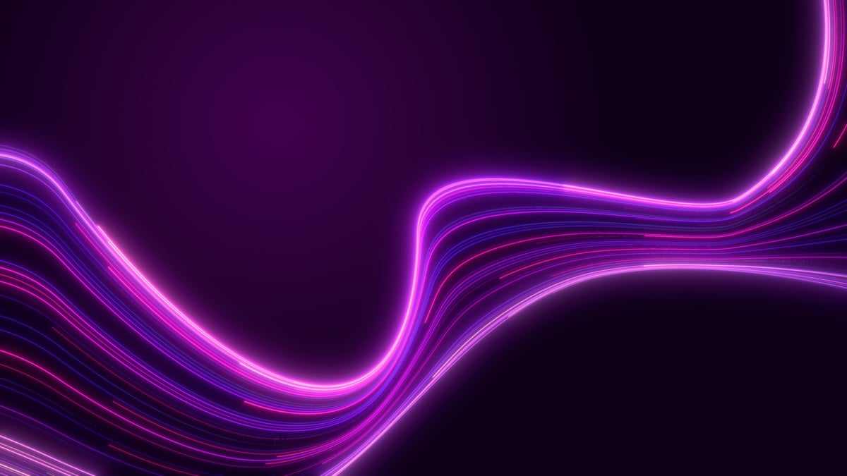 Neon light trails curving smoothly across deep purple background — futuristic tech aesthetic