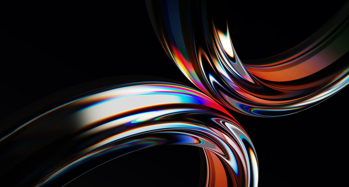 Iridescent liquid glass ribbon with neon rainbow light texture on dark background — futuristic digital art